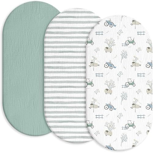 Gllquen Baby Muslin Bassinet Sheets 3 Pack, Breathable Elastic Cozy Fitted Cotton Bassinet Mattress Sheet for Baby Boy Girls, Fit for Hourglass Oval Rectangular Cradle Pad Sheets 33"x17" (Car)