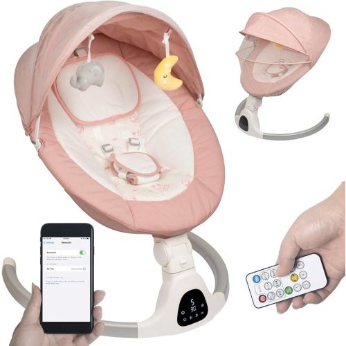 Baby Swing for Infants to Toddler Portable Babies Swing Timing Function 5 Swing Speeds Bluetooth Touch Screen Music Speaker with 10 Preset Lullabies 5-Point Carabiner (Pink)