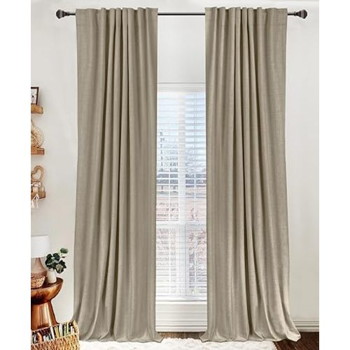 100% Blackout Shield Linen Blackout Curtains for Bedroom 90 Inches Long, Back Tab/Rod Pocket Living Room Drapes, Thermal Insulated Blackout Curtains 2 Panels Set, 50" W x 90" L, Plaza Taupe