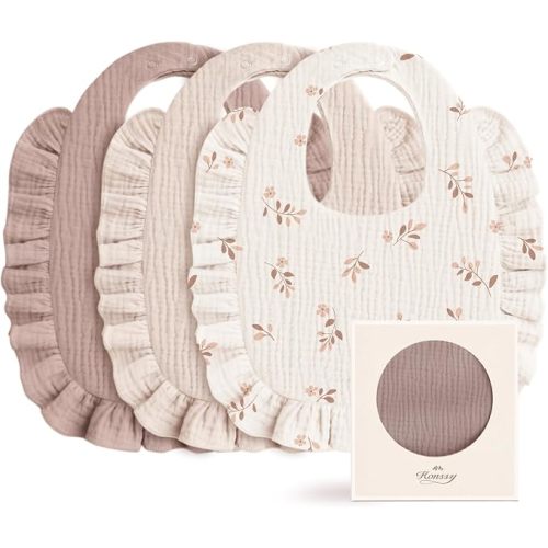 Konssy 3-Pack Muslin Baby Girl Bibs, 100% Cotton with Ruffle Trim