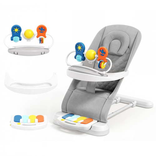 Babyomi 4-1 Baby Bouncer , 3-Level Recline Foldable Rocker for Infant to Toddler 0-6 with Detachable Pianos, Feeding Tray and Play Bar 12-24 Months, Girls and Boys Gift, Gray