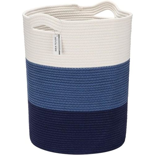Sea Team Large Size Cotton Rope Woven Storage Basket with Handles, Laundry Hamper, Fabric Bucket, Drum, Clothes Toys Organizer for Kid's Room, 20 x 14 inches, Round Open Design, White & Navy