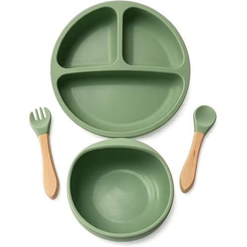 NurtureNest Silicone Toddler Feeding Set – Suction Plate & Bowl, Toddler Spoon & Fork, BPA-Free, Dishwasher Safe, Microwave Safe, Sage Green