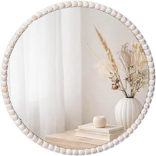 SWTHONY 15inch Small Round Boho Beaded Mirrors for Wall Decor, Cute Decorative Hanging Wooden Circle Nursery Mirror for Girl Room, Bedroom, Livingroom
