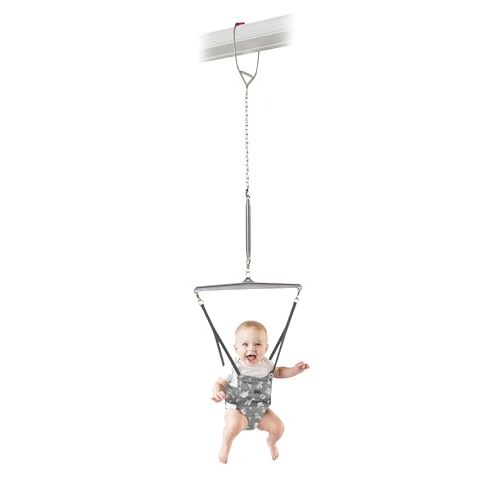 Jolly Jumper Iconic (Grey Safari), Doorway Baby Jumper, Indoor Exercise Saddle Seat, Adjustable Height, for Infants up to 28lbs, Black, No Stand Required