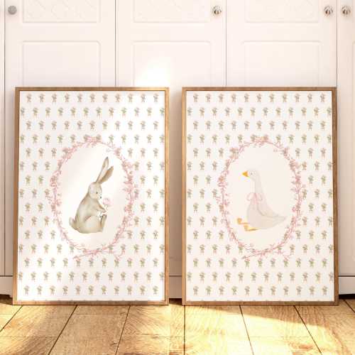 Nursery Cottagecore Prints: Rabbit and Goose Wall Art Pink Flowers for Girl Room