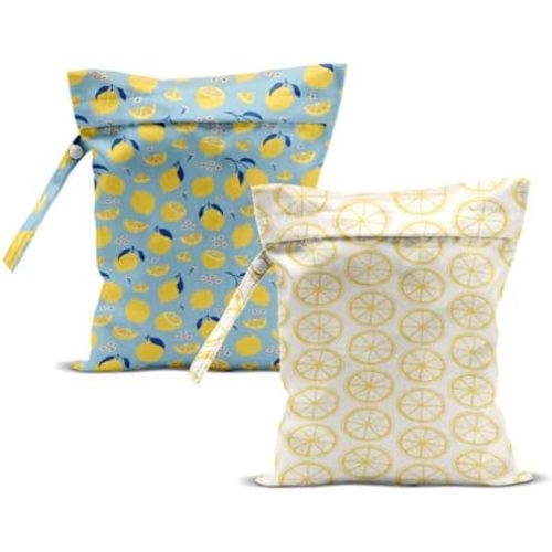 ZHAMEN 2Pcs Wet Bag, Wet Dry Bag Reusable with Zipper, Travel, Beach, Pool, Diapers, Baby Clothes, Dirty Yoga Gym Clothes, Makeup Bag, Waterproof Wetdry Packing, Summer Lemon Decor (12x10 Inch)