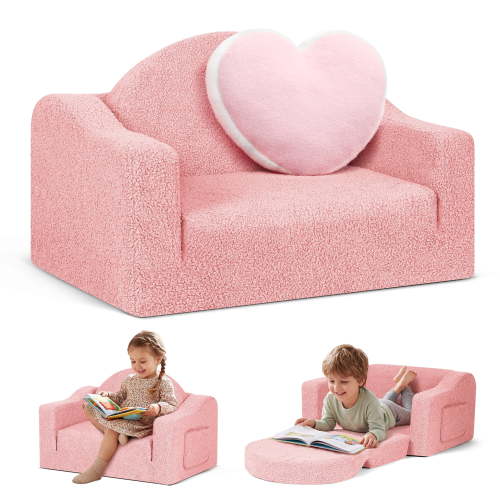 babyeap Kids Sofa,2-in-1 Soft Toddler Couch Fold Out,Toddler Chair Baby Convertible Couch for Girls and Boys,Pink