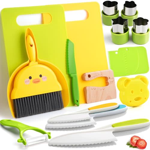 Kids Kitchen Tools,18 Pieces Toddler Cooking Sets Real-Montessori Cooking Set for Toddlers Kids Chef Set with Children Safe Knives Cutting