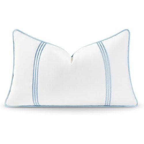 Hofdeco Premium Coastal Hampton Style Patio Indoor Outdoor Lumbar Pillow Cover Only, 12"x20" Water Resistant for Backyard, Couch, Baby Blue Embroidered Vertical Line