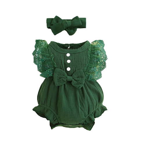 Ulitacool Baby Onesies For Girls Lace Romper Sleeveless Ruffle Bow Decorated Romper Jumpsuit Bodysuit With Headband Clothes Lovely Girl Clothes 3-6 Months Green