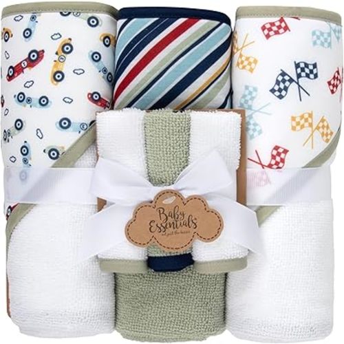 Baby Bath Essential Hooded Baby Bath Towel and Washcloth 6 Piece Set for Newborns, Infants & Toddlers, Boys & Girls Baby Hooded Towels Set (Racecars)