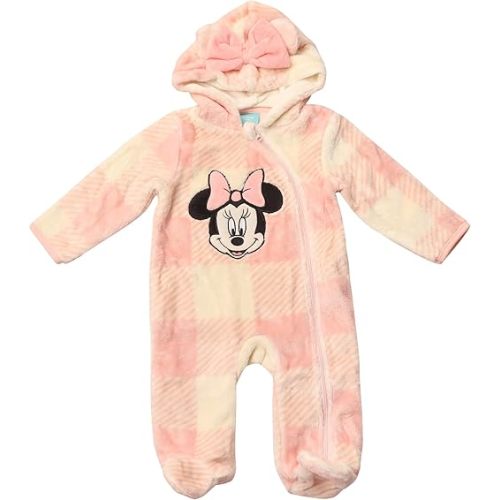 Magic Threadz Disney Clothes Minnie Mouse Baby Girls Plush Hooded Pram – Cozy Fleece Coverall with Ears for Infant (0–6/9M)