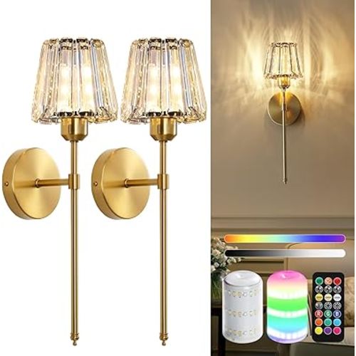 Battery Operated Crystal Wall Sconce Set of 2, Gold Rechargeable Wireless Wall Sconces with Remote Dimmable 12 Colors Modes Led Wall Lights, Wall Lamp for Bedroom Living Room Hallway, 2 Bulbs Included