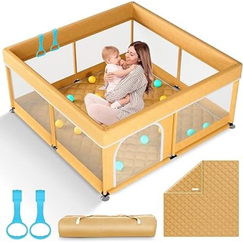 Omzer Baby Playpen with Mat 50x50inch: Large Playpen for Babies and Toddlers Indoor Safety Play Pen with Soft Breathable Mesh - All-Wrapped Sponge Sturdy Play Yard with Stable Mat Magic Sticker Beige