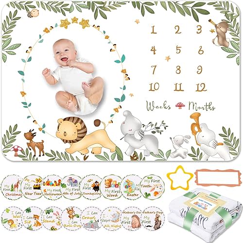 Baby Monthly Milestone Blanket, 60" x 40" Soft Flannel Blanket, 1-12 Months Growth Chart, Includes 8 Milestone Cards (16 Growth Markers), Photography Backdrop Photo Prop for Newborn
