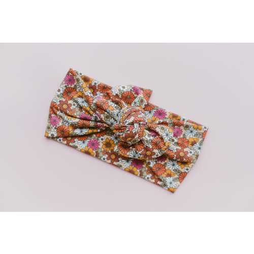Vibrant Spring Floral Baby Head Wrap, Retro Spring Girl Turban, Tie-on Infant Bow, Knit Toddler Headband, Newborn through Adult Sizing