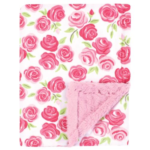 Hudson Baby Girls Plush Blanket with Furry Binding and Back, Pink Roses, One Size - Pink Roses - One Size