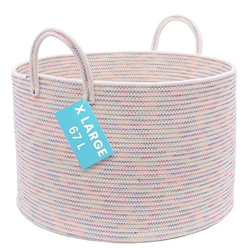 OrganiHaus Large Woven Storage Basket for Blankets and Toys 20" x 13" Inch, Rope Laundry Basket with Handles, Cushions & Pillows Storage Bin, Nursery Hamper, Soft Round Dog Toy Bin - Rainbow Stitches