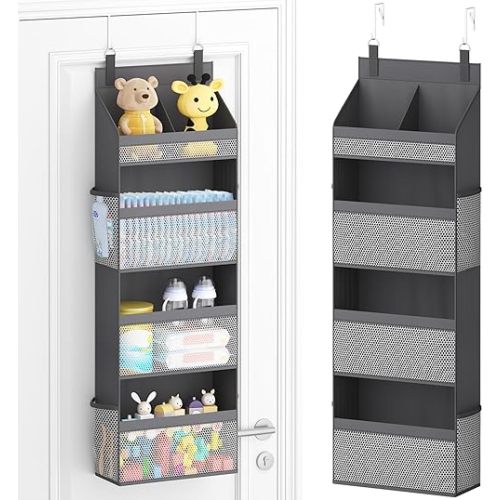Lifewit 4 Tier Over The Door Diaper Organizer for Nursery, Large Heavy Duty Hanging Storage with 4 Mesh Side Pockets, Sturdy Back of Door Shelf for Baby Stuff Toy in Pantry, Laundry, Bathroom, Gray