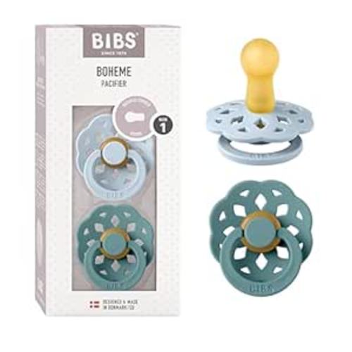 BIBS Boheme Soother 2-Pack. BPA Free Dummy Pacifier, Symmetrical Nipple. Natural Rubber Latex, Made in Denmark. 0-6 Months (Pack of 2), Baby Blue/Island Sea