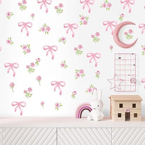 FYSUIMU 12 Sheets Pink Bow Wall Decals Aesthetic Bowknot Floral Wall Stickers Spring Mural Walls Decor for Home Nursery Bedroom Living Room