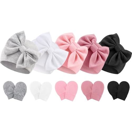 Newborn Baby Hats and Mittens Set Infant Bow Beanie Cap Toddler Gloves Newborn Hospital Hats for Baby Boy Girl 0-12 Months
