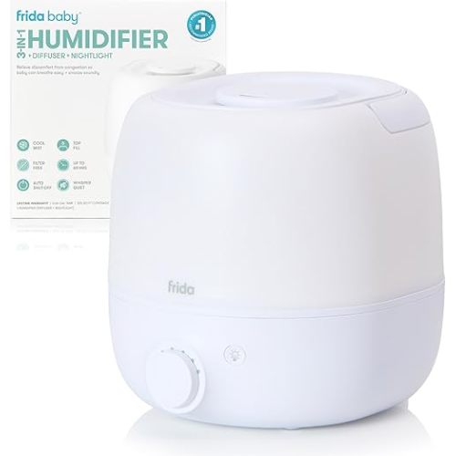Frida Baby 3-in-1 Cool Mist Humidifier for Large Rooms, Top Fill Humidifier for Bedroom, Tap Water Friendly, 60 Hour Runtime + Diffuser, Nightlight, Auto Shut-Off, Carry Handle, Essential Oil Diffuser