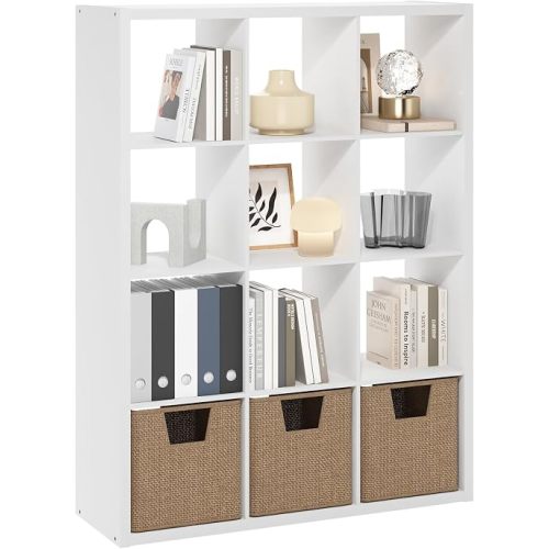 Furinno Cubicle Book Shelf, 12-Cube Bookshelf, Extra Thick Frame Reversible Bookcase with Open Back, 14.6" x 44" x 58", for Living Room, Bedroom, Home Office, White