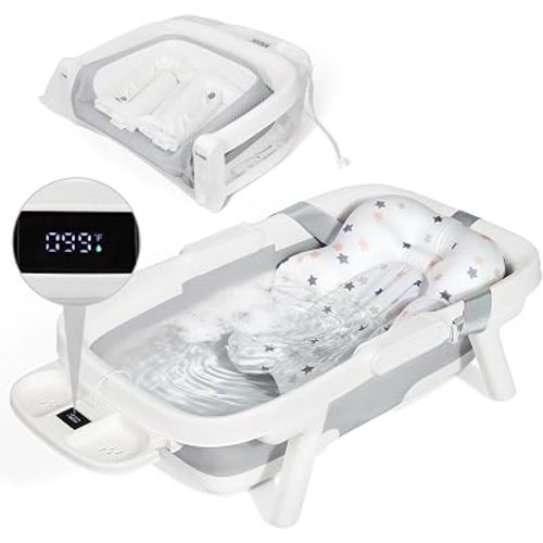 Orzbow Collapsible Baby Bathtub with Cushion & Thermometer, Large Size,Gray