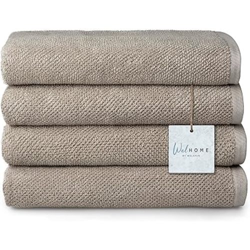 Welhome Franklin Premium | 4 Piece Bath Towel Sets | Popcorn Textured Flax Brown Bathroom Towels | Hotel & Spa Towels for Bathroom | Soft & Absorbent | 100% Cotton Bath Linen Set | Toallas de Baño
