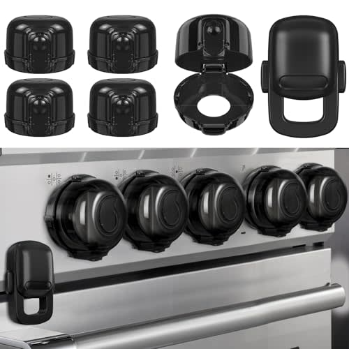 Stove Knob Safety Covers for Child (5 + 1 Pack), Upgraded Universal Size Press Gas Stove Covers with Adhesive, Heat-Resistant Childproof Oven Knob Locks for Kids and Pets (Black)