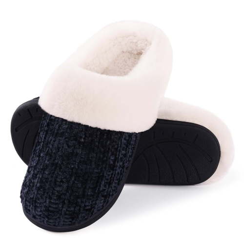 Litfun Fuzzy Slippers for Women Chenille Knit Fleece Slippers Memory Foam House Shoes, Black, Size 8-9