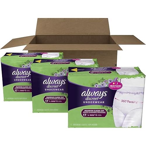 Always Discreet Incontinence & Postpartum Underwear for Women, Disposable, Maximum Absorbency, Large, 51 Count