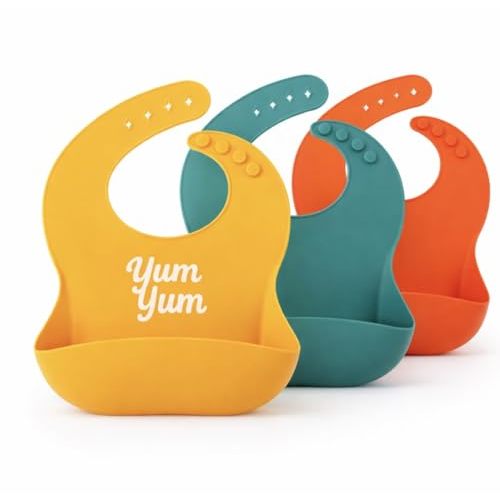 Baby Silicone Bibs 3 Pack, Waterproof BPA-Free Bib for Babies and Toddlers 6-36 Months, Food Catcher Pocket, Adjustable Reusable Feeding Accessory, Easy Clean Baby Led Weaning Essential