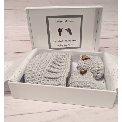 Crocheted Booties and Hat Gift Box, Handmade Baby Shower Set