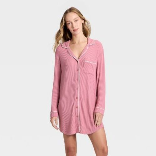 Women's Cozy Ribbed Notch Collar Nightgown - Auden™ Pink S