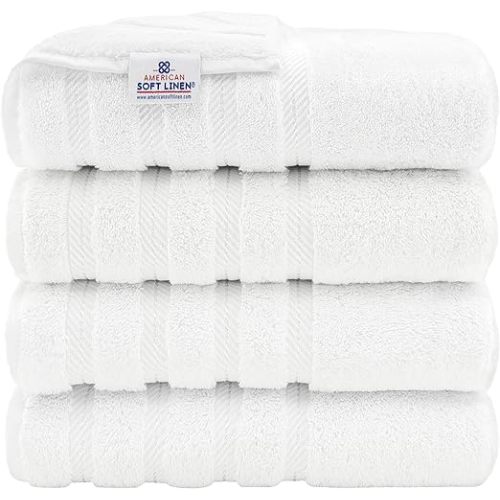 American Soft Linen Luxury 4 Piece Bath Towel Set, 600 GSM 100% Cotton Turkish Bath Towels for Bathroom, 27x54 in Extra Large Bathroom Shower Towels, White