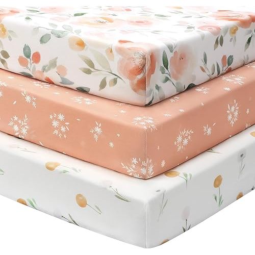 Baby Crib Sheets Girl, 3 Pack Toddler Bed Sheets for 52”x28” Standard Toddler Mattresses, Soft Microfiber Fitted Crib Sheets Neutral Orange Watercolor Flower