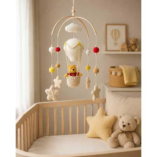 Hand Crocheted Winnie The Pooh Theme Hot Air Balloon Baby Cot Crib Nursery Mobile