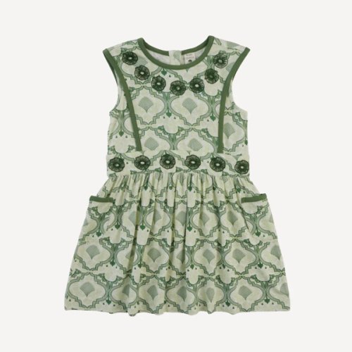 sleeveless embroidered apron dress | fog green folk floral | bamboo