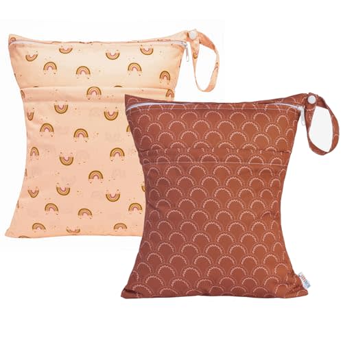 ALVABABY 2pcs Cloth Diaper Wet Dry Bags Waterproof Reusable with Two Zippered Pockets Travel Beach Pool Daycare Soiled Baby Items Yoga Gym Bag for Swimsuits or Wet Clothes L-YX128129