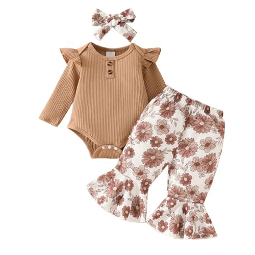 Aoswep Newborn Baby Girl Clothes Infant Girl Outfits Long Sleeve Ruffle Romper + Floral Pants + Headband Set