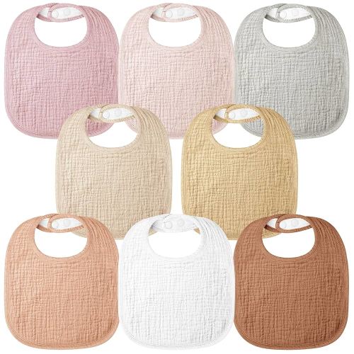 Bearmoss Muslin Baby Drooling Bibs 8 Pack, 100% Cotton Square Adjustable Bandana Bibs for Baby Girls Boys Teething Drool (Pink Brown)