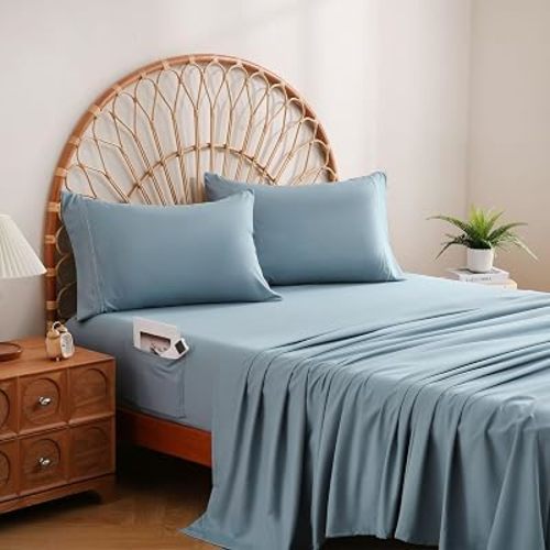 JSD Blue King Sheet Set with Side Storage Pocket, 4 Piece Soft Microfiber Bed Sheets Deep Pocket Corner Straps Oeko-Tex Certified