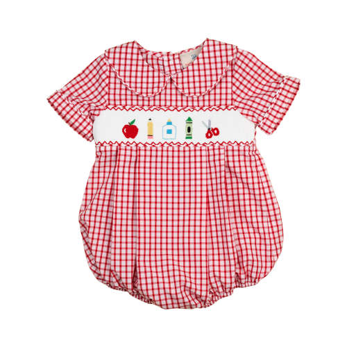 School Supplies Smocked Red Windowpane Boy Bubble- FINAL SALE