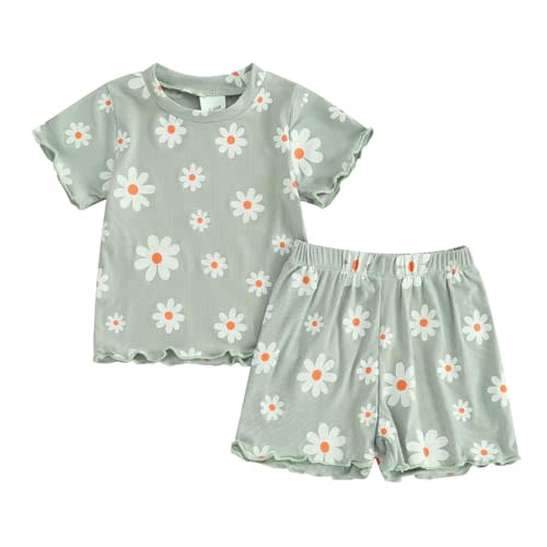 fhutpw Toddler Baby Girls Summer Outfits Daisy Ruffle Short Sleeve T-Shirts Tops Floral Shorts 2Pcs Clothes Set 6M-4T