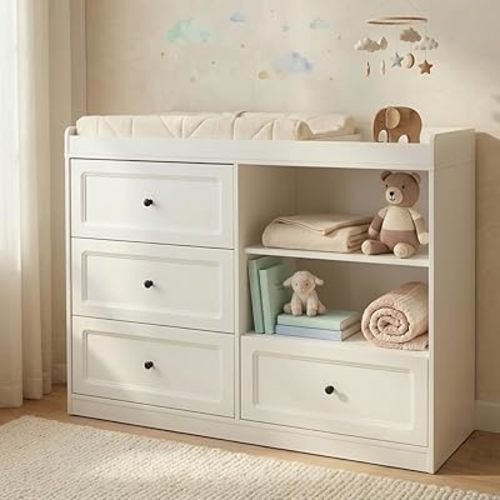 Baby Changing Table Dresser, Nursery Dresser with Changing Table Top, Multi-Fuctional Furniture for Nursery with 4 Drawers & Adjustable Shlef, Baby Diaper Changing Station, White