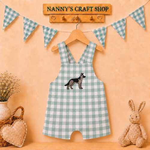 Embroidered German Shepherd Baby Romper, Custom Dog Outfit. Baby gift. Boys gingham overalls