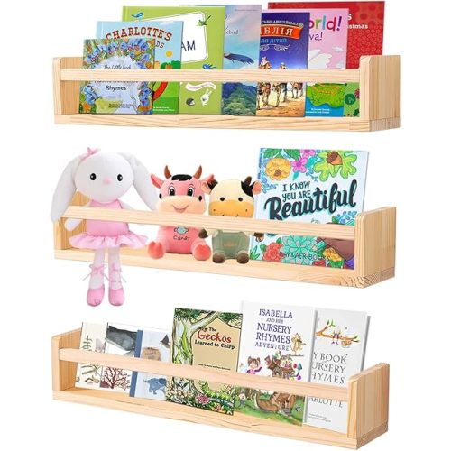 AZSKY Nursery Book Shelves 24 Inch Rustic Natural Wood Floating Shelves,Wall Book Shelves for Farmhouse,Bathroom Décor,Kitchen Spice Rack or Book Shelf Organizer for Home Décor,a Set of 3 Same Sizes